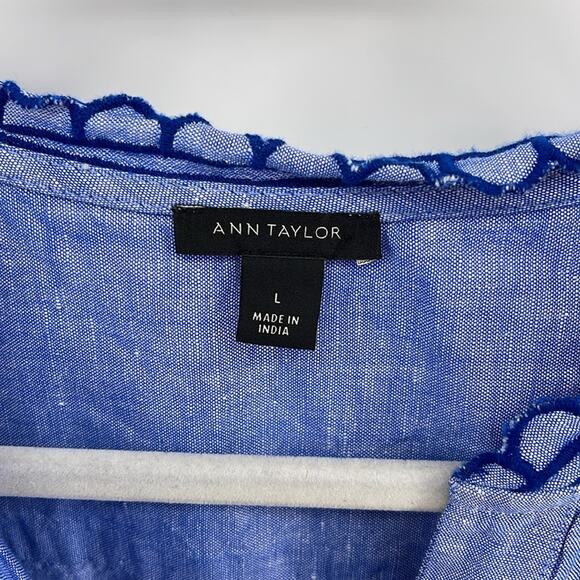 Ann Taylor chambray scalloped edge puff sleeve pullover blouse sz L - Picture 5 of 7